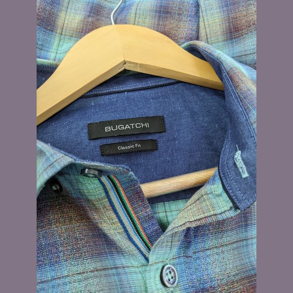 BUGATCHI Size L Mens 100% Cotton Plaid Button Down Dress Shirt in Blue Green - Picture 6 of 10